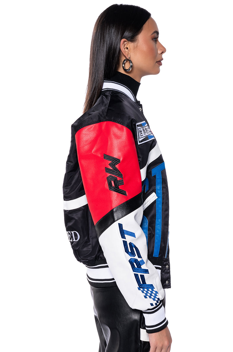 Detail View First Row Oversized Faux Leather Racing Bomber