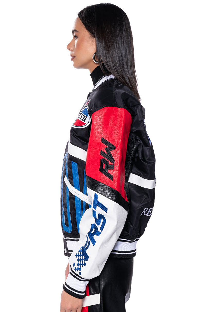 Full View First Row Oversized Faux Leather Racing Bomber
