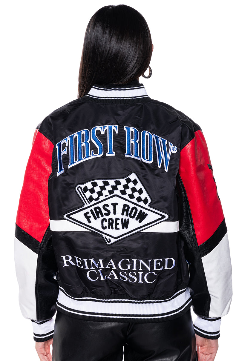 Extra View First Row Oversized Faux Leather Racing Bomber