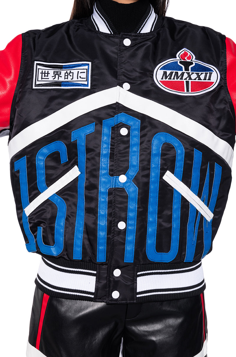 Extra View First Row Oversized Faux Leather Racing Bomber