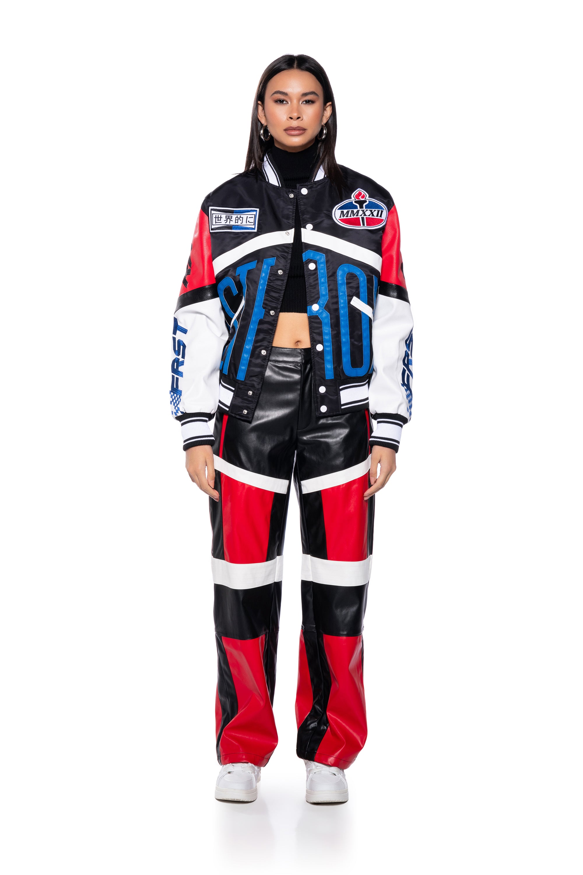 Extra View First Row Oversized Faux Leather Racing Bomber