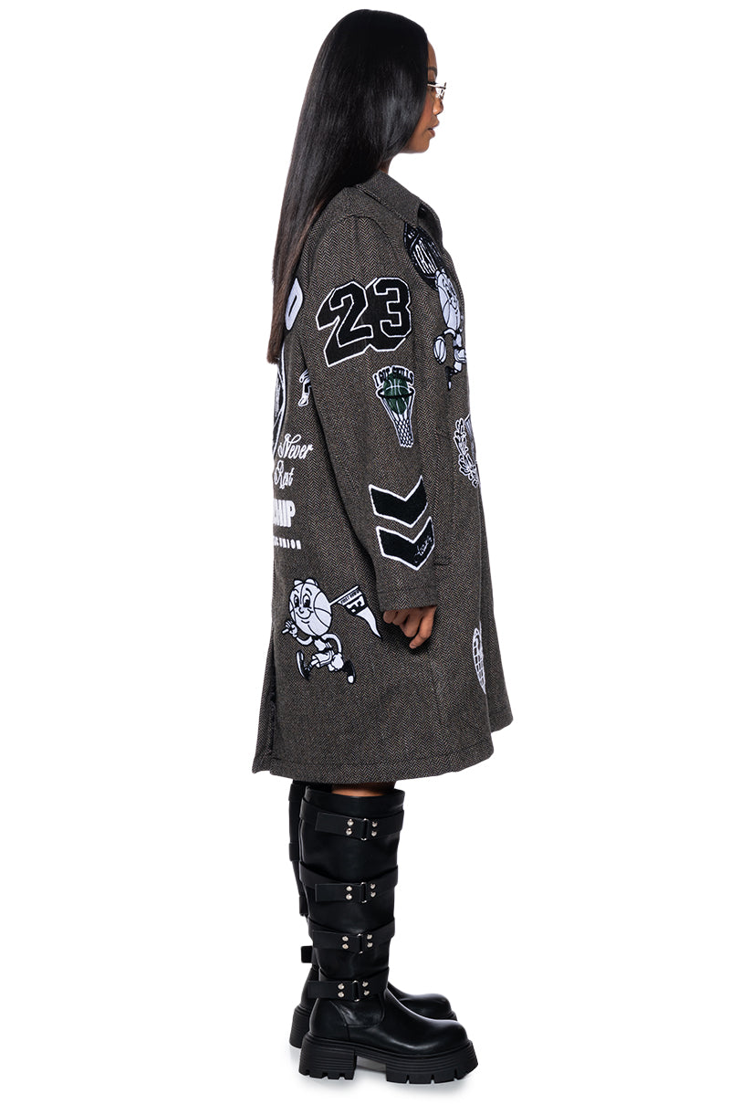 Back View First Row Varsity Wool Patch Trench Coat