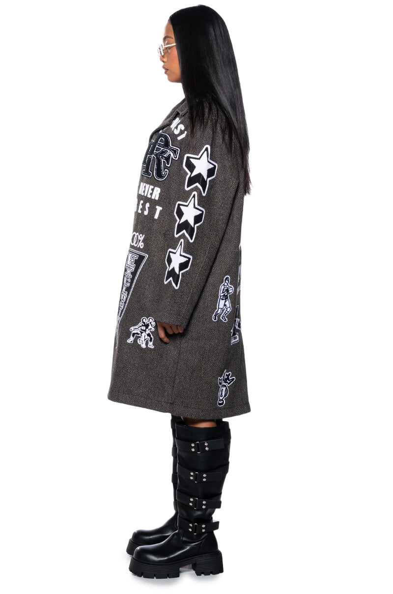 Detail View First Row Varsity Wool Patch Trench Coat