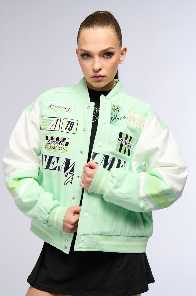 Detail View First Things First Embroidered Bomber 3