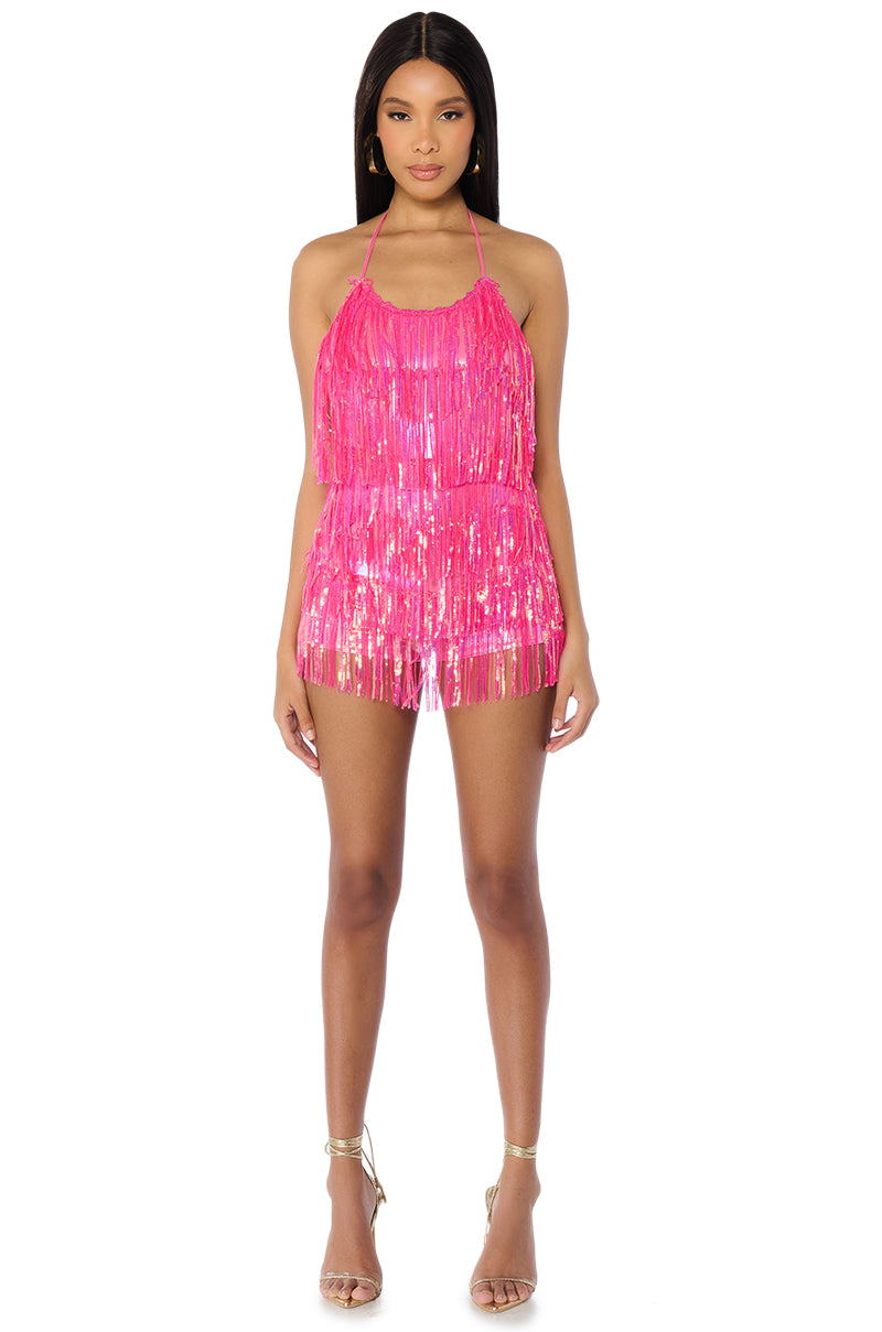 Extra View Flapper Fringe Romper In Hot Pink