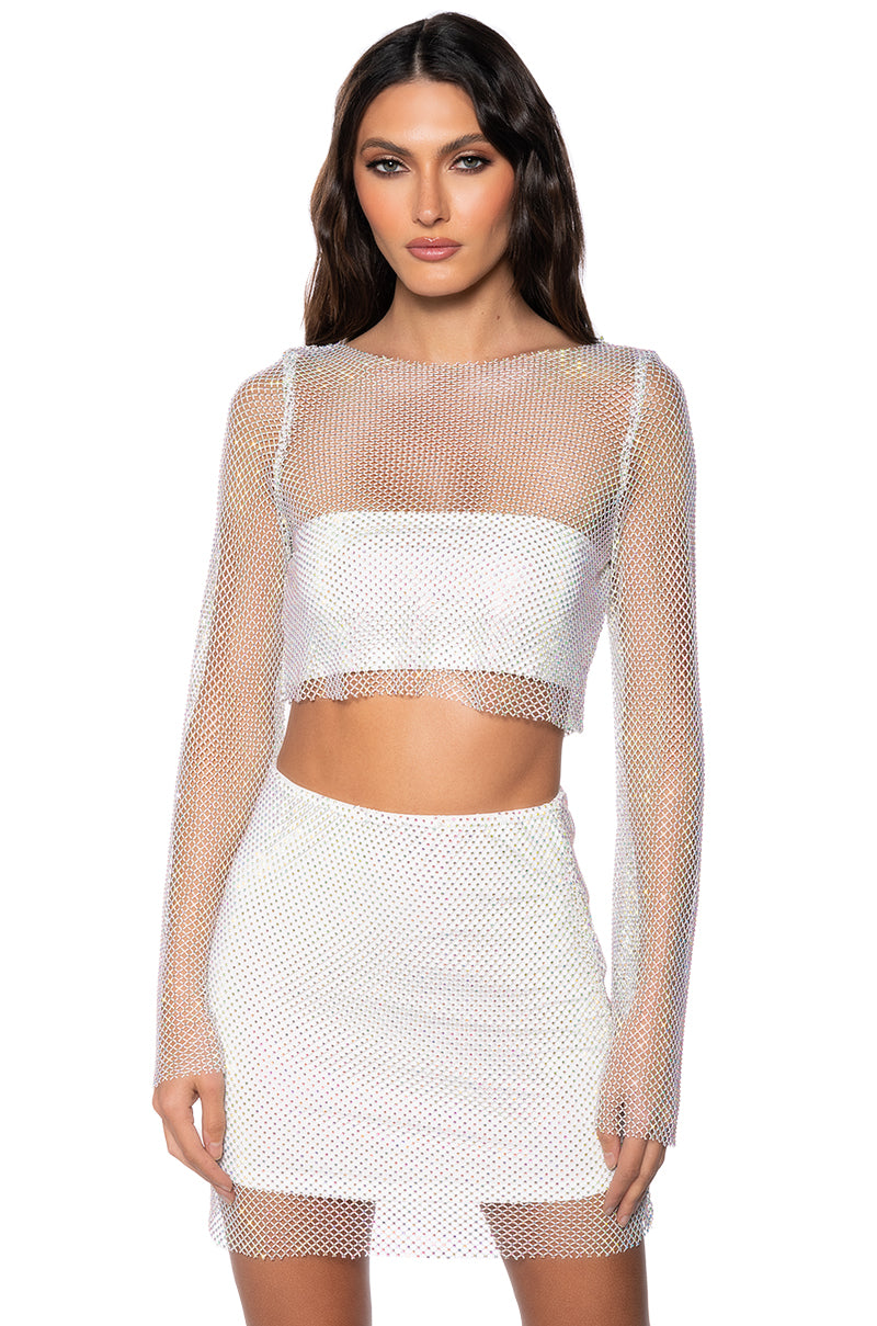 Side View Flashing Lights Rhinestone Mesh Long Sleeve Top In White