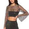 Front View Flashing Lights Rhinstone Mesh Long Sleeve Top