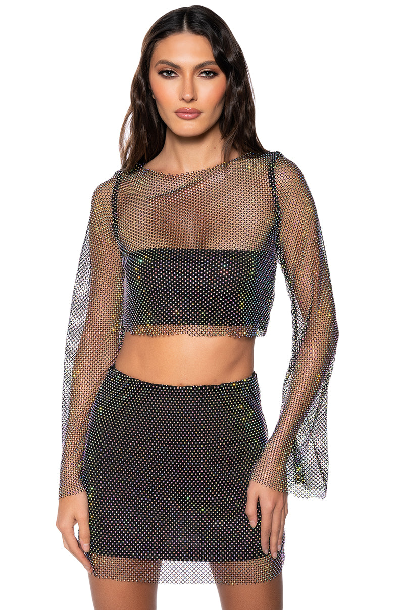 Side View Flashing Lights Rhinstone Mesh Long Sleeve Top