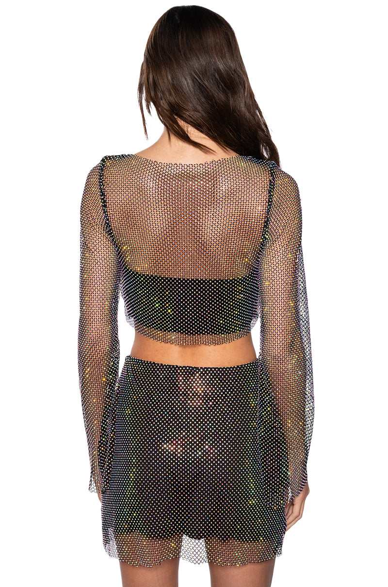 Extra View Flashing Lights Rhinstone Mesh Long Sleeve Top