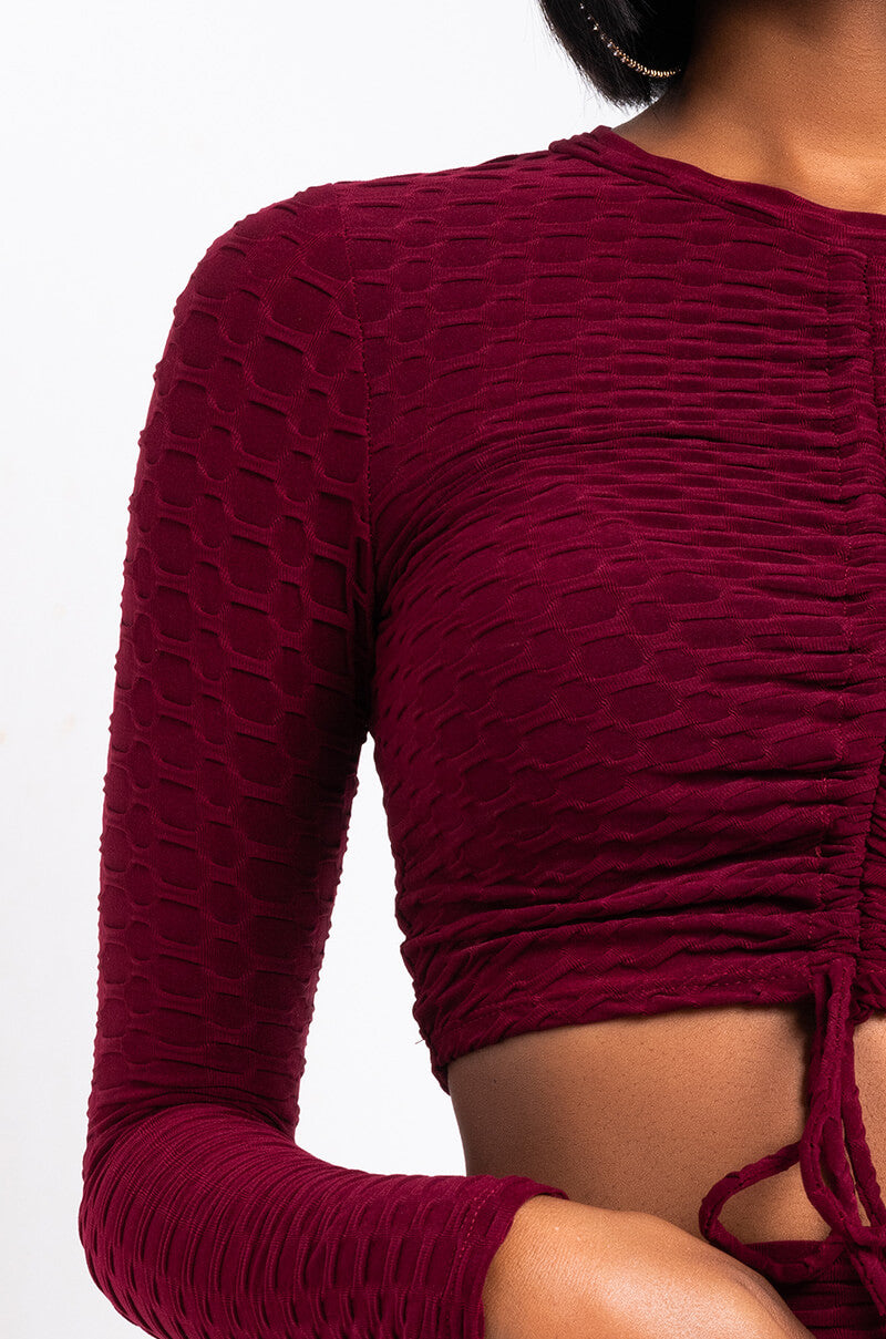 Detail View Flawless Long Sleeve Mock Neck Top in Burgundy