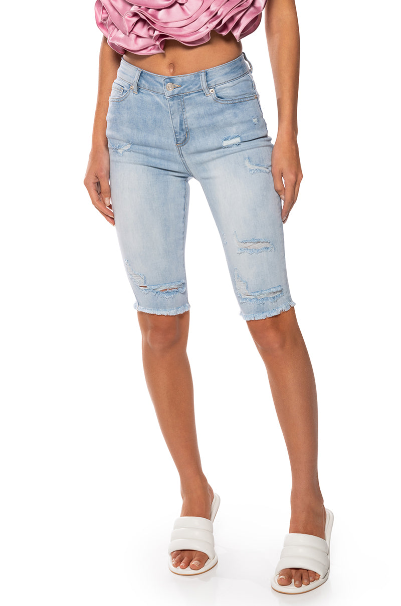 Front View Flex Fit Extreme Stretch Distressed Bermuda Shorts 0