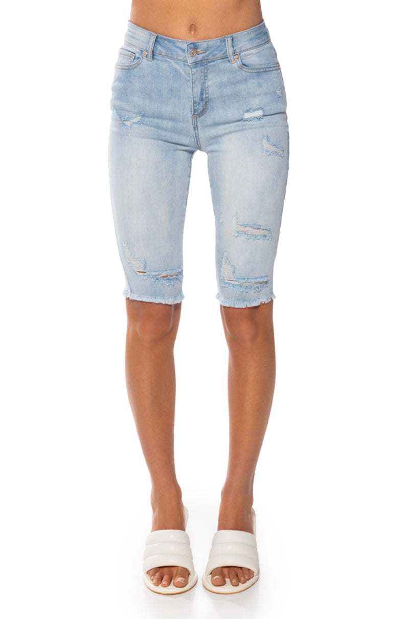 Back View Flex Fit Extreme Stretch Distressed Bermuda Shorts 4