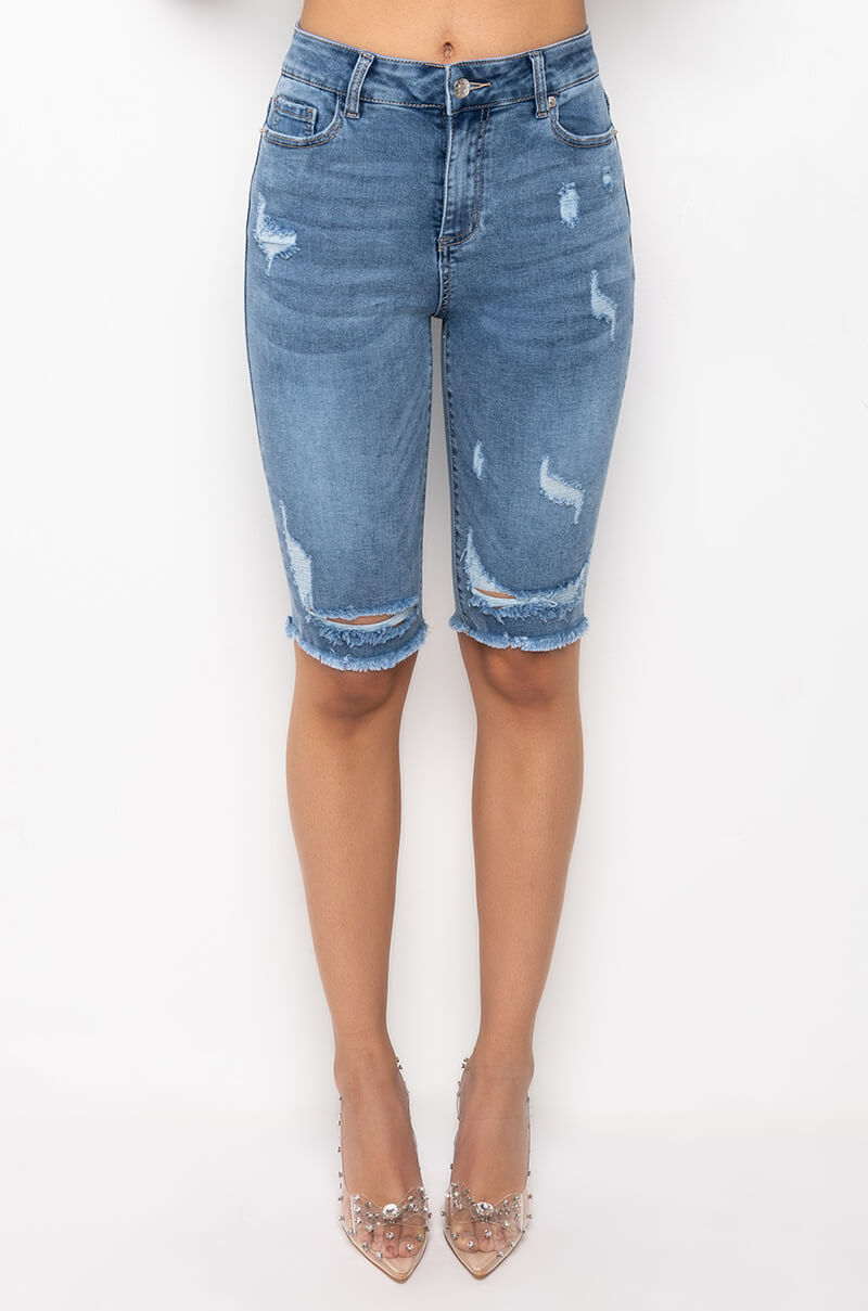 Side View Flex Fit Extreme Stretch Distressed Bermuda Shorts