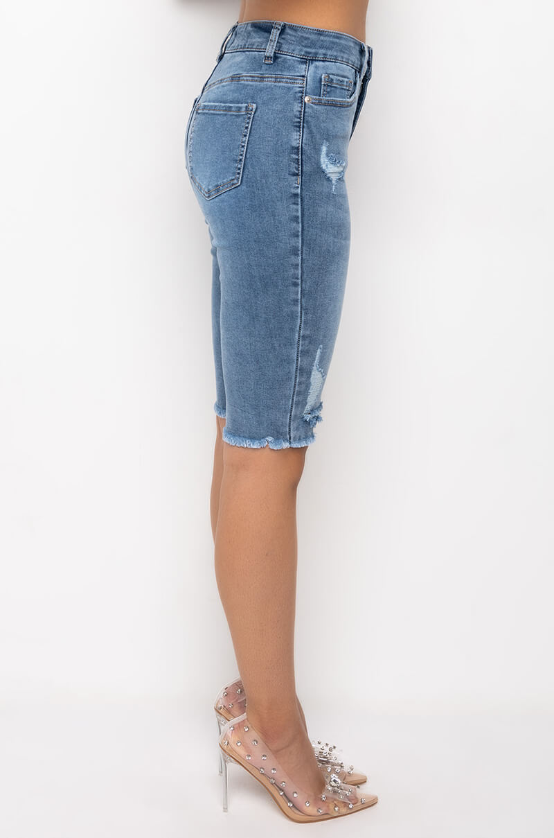Back View Flex Fit Extreme Stretch Distressed Bermuda Shorts