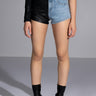 Front View Flex Fit Extreme Stretch Faux Leather And Denim Shorts