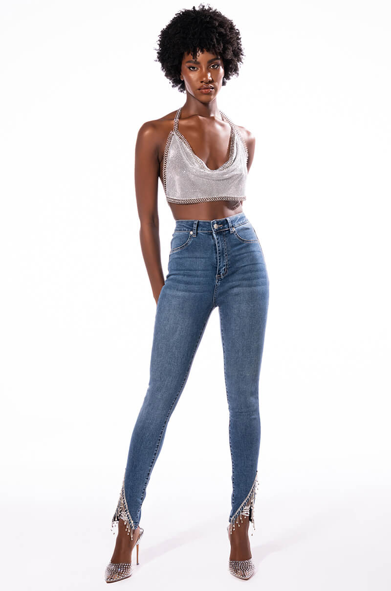 Side View Flex Fit Extreme Stretch High Rise Skinny Jeans With Rhinestone Ankle Detailing