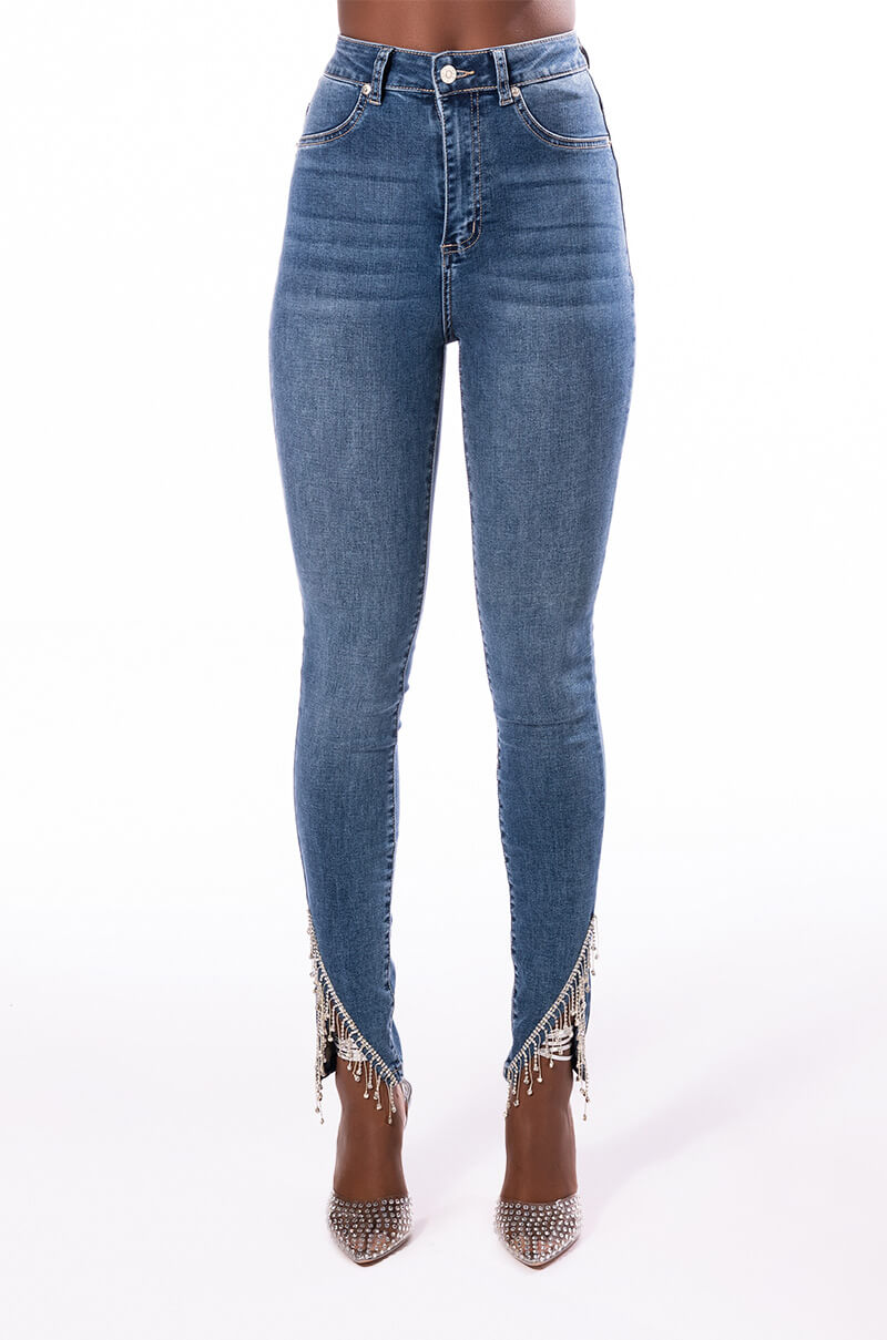 Back View Flex Fit Extreme Stretch High Rise Skinny Jeans With Rhinestone Ankle Detailing