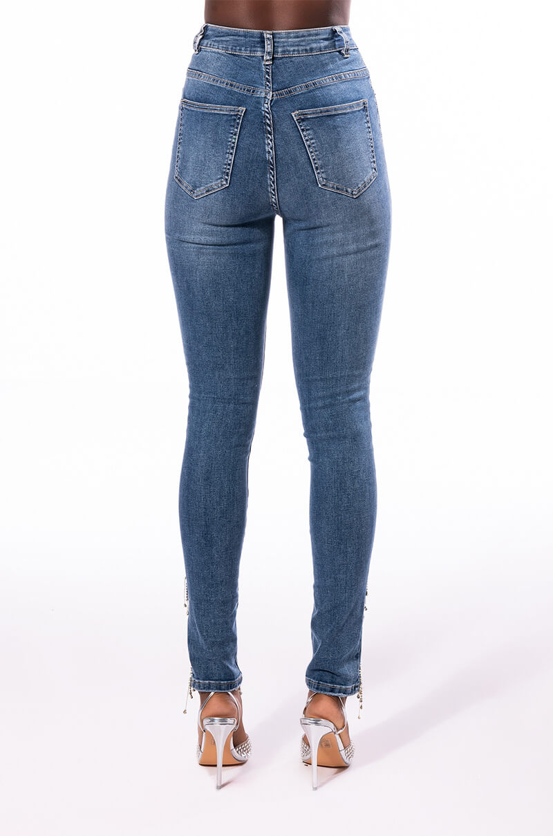 Full View Flex Fit Extreme Stretch High Rise Skinny Jeans With Rhinestone Ankle Detailing