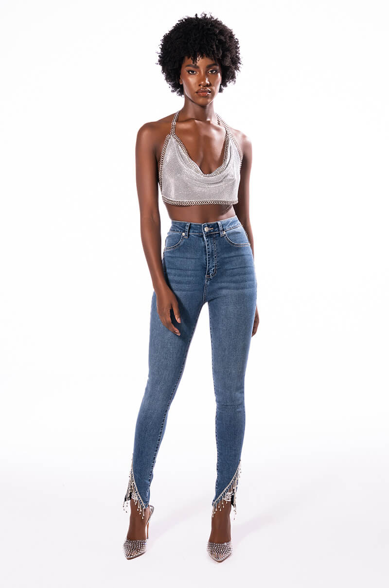 Extra View Flex Fit Extreme Stretch High Rise Skinny Jeans With Rhinestone Ankle Detailing