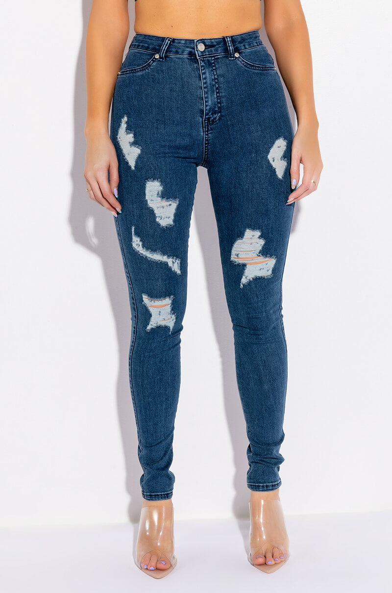 Front View Flex-fit Extreme Stretch High Waisted Distressed Skinny Jeans