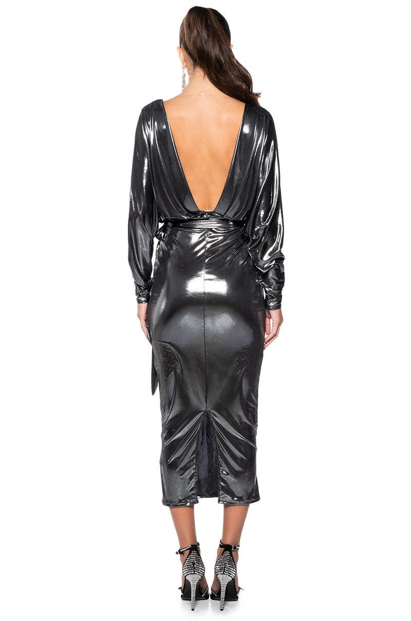 Detail View Flirty Funky Metallic Midi Dress