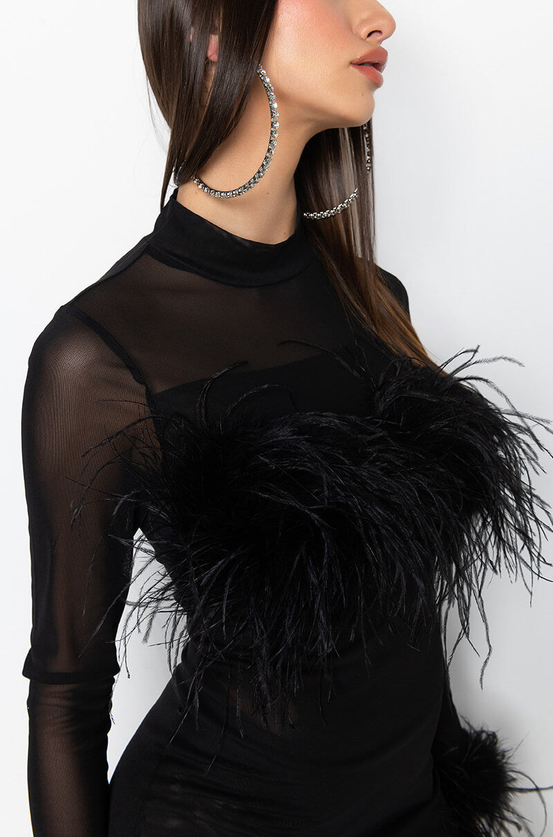 Detail View Float Away Real Feather Mesh Mini Dress