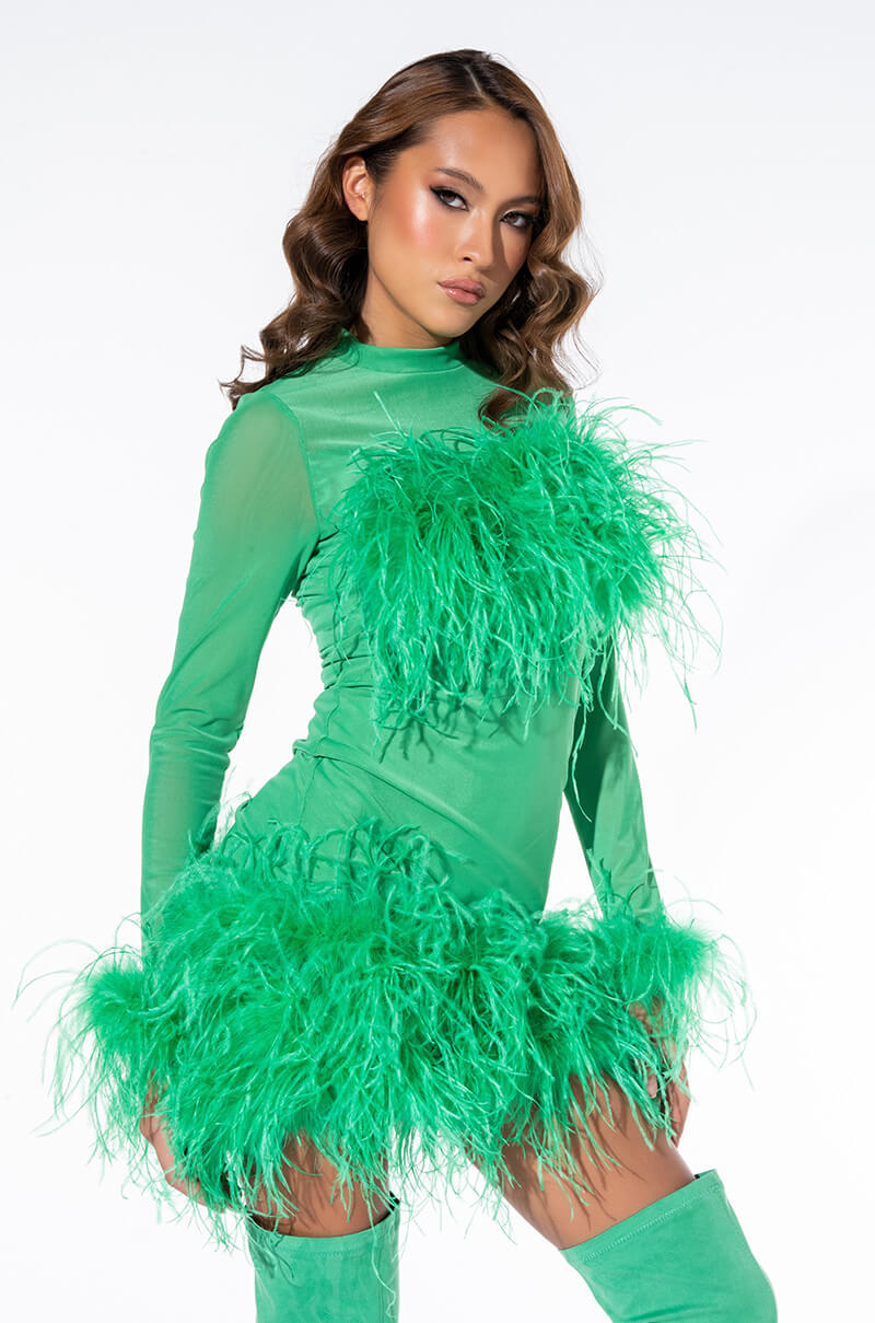 FLOAT AWAY REAL FEATHER MESH MINI DRESS GREEN view 0
