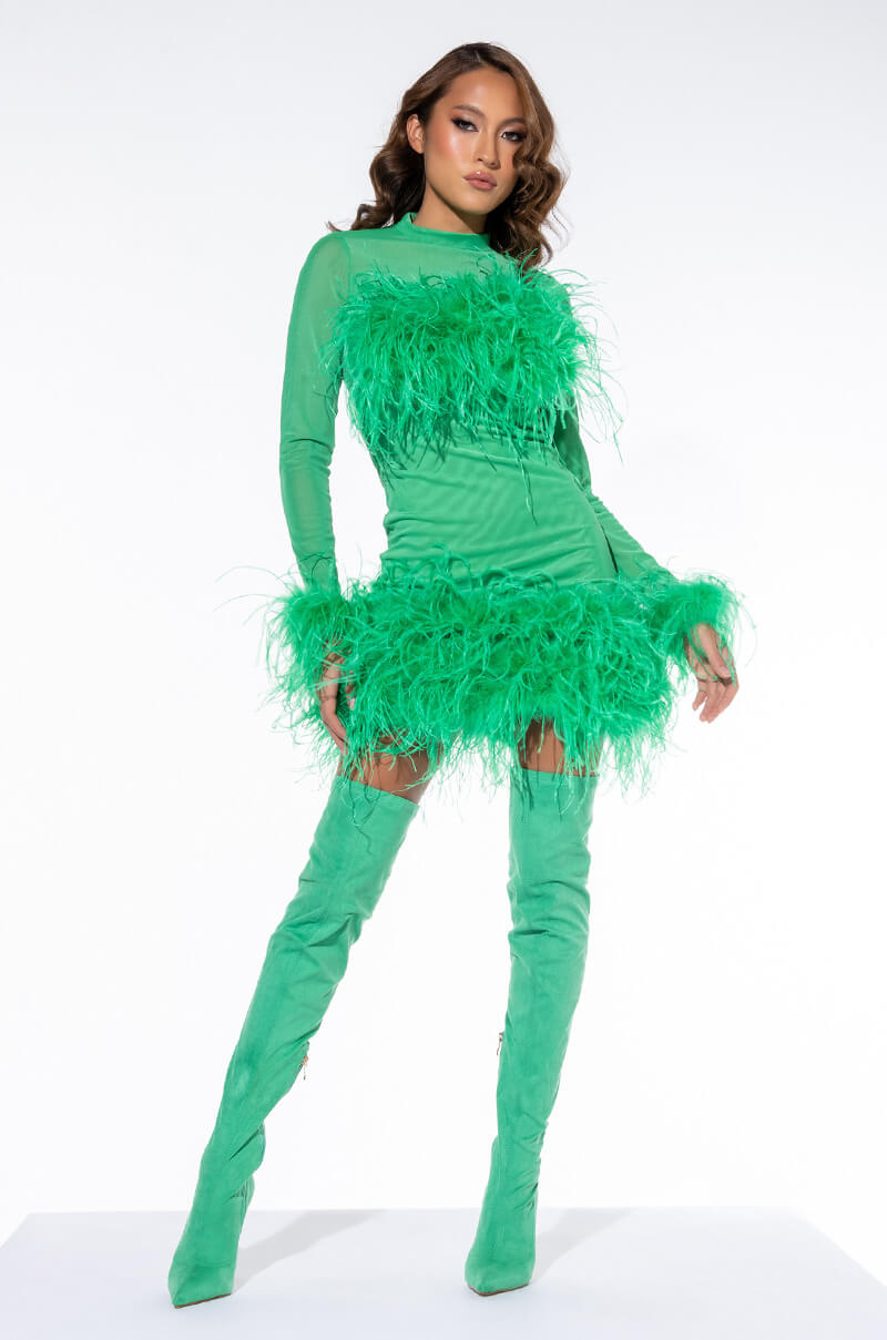 Side View Float Away Real Feather Mesh Mini Dress