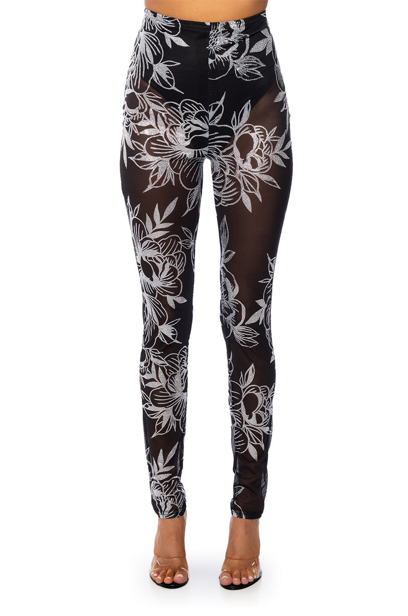 Back View Floral Delight Rhinestone Mesh Legging