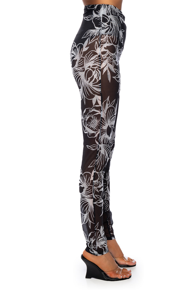 Detail View Floral Delight Rhinestone Mesh Legging