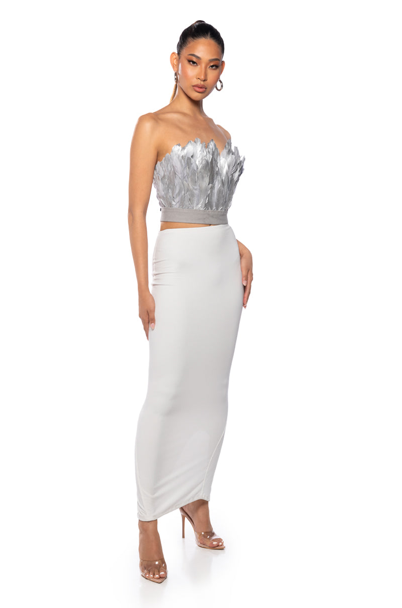Back View Fly Away Feather Tube Top In Silver