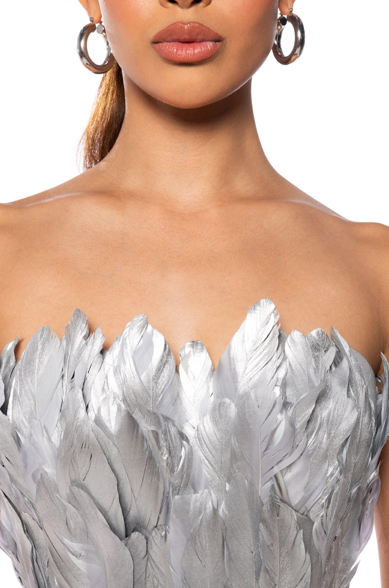 Extra View Fly Away Feather Tube Top In Silver