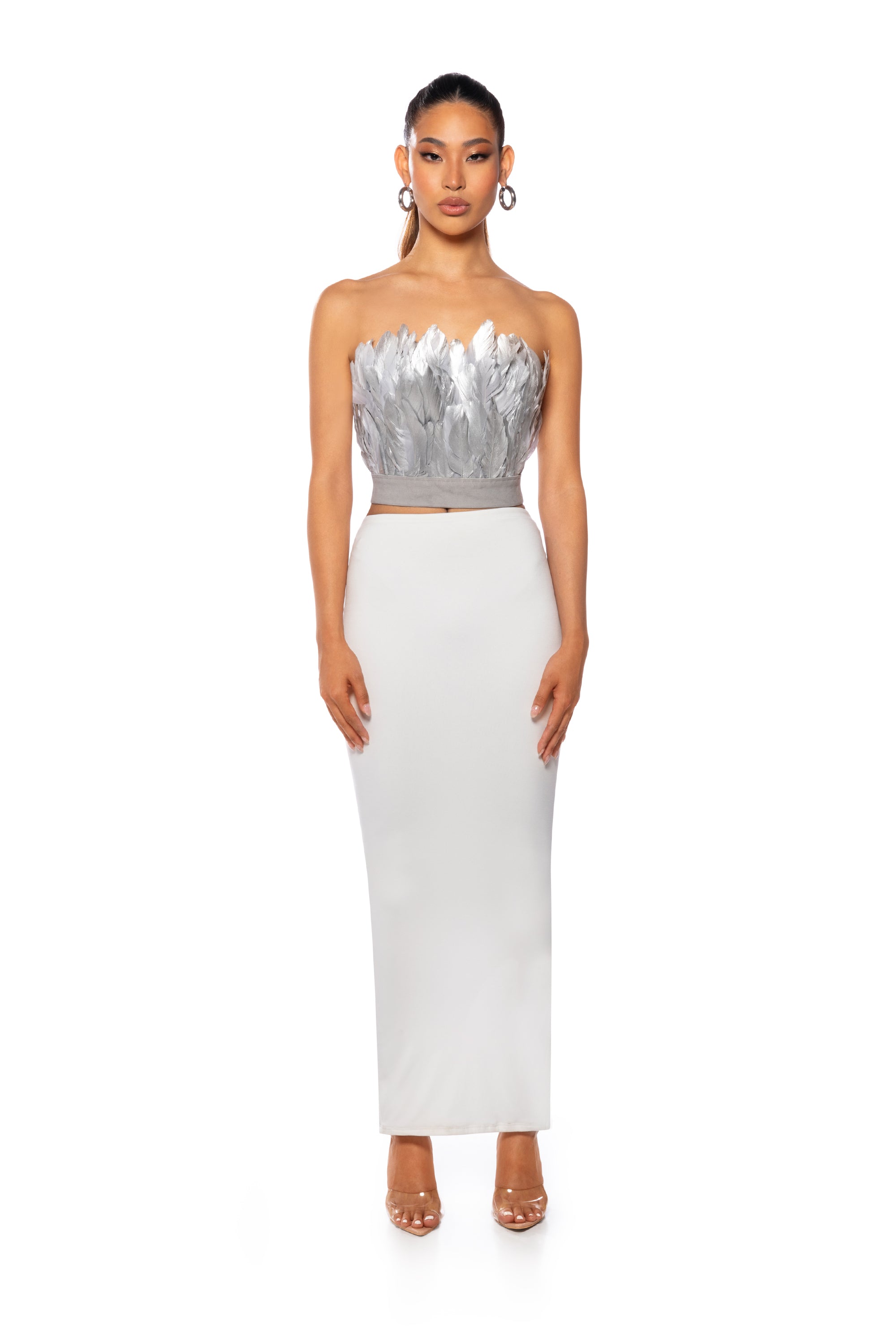 Extra View Fly Away Feather Tube Top In Silver