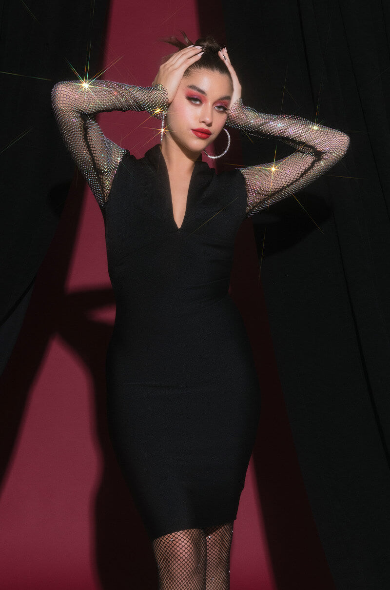 Front View Fly Lil Lady Mini Bandage Dress With Rhinestone Sleeves
