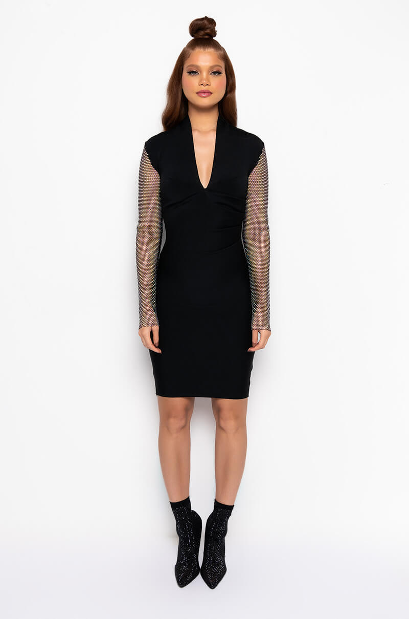 Extra View Fly Lil Lady Mini Bandage Dress With Rhinestone Sleeves