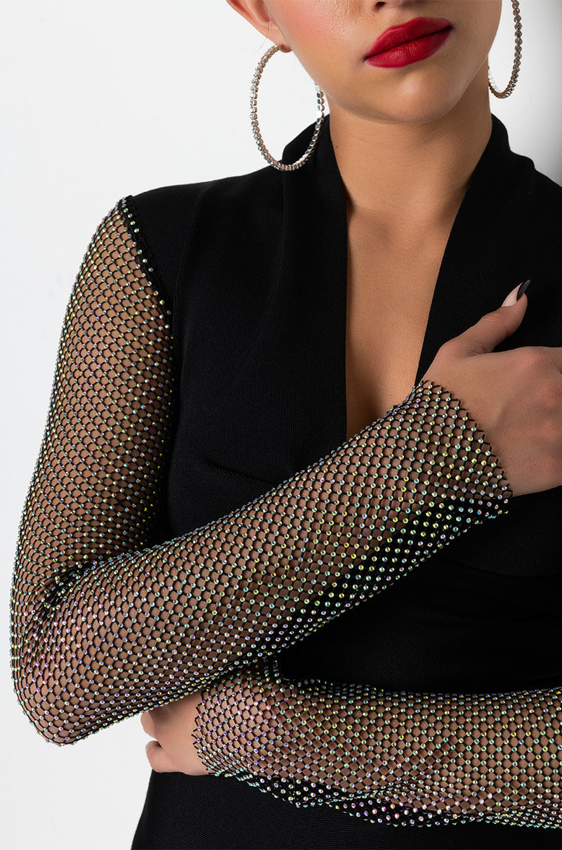 Extra View Fly Lil Lady Mini Bandage Dress With Rhinestone Sleeves