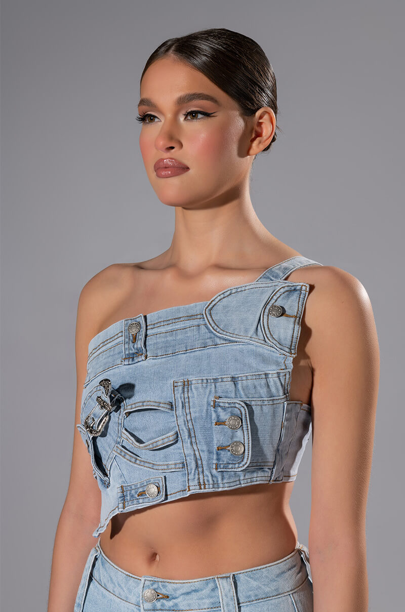 Side View For Real Buckle Detail Denim Crop Top