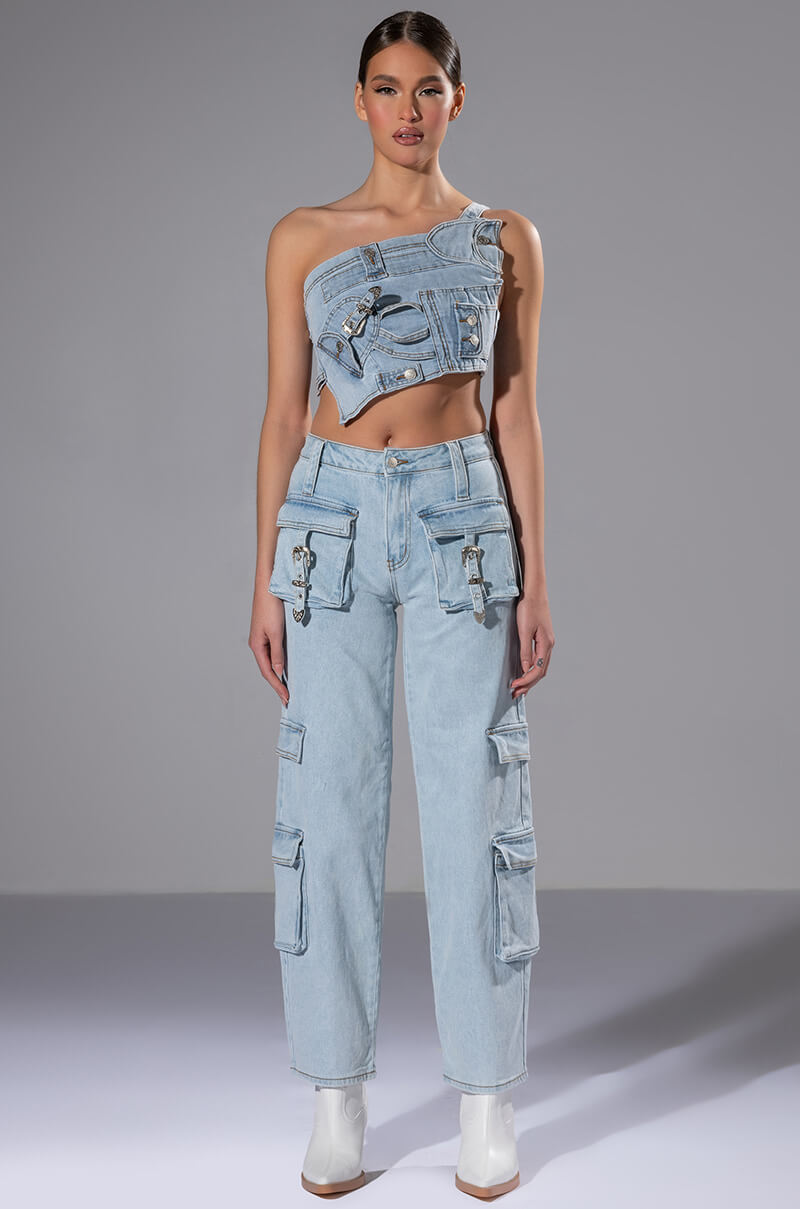 Back View For Real Buckle Detail Denim Crop Top