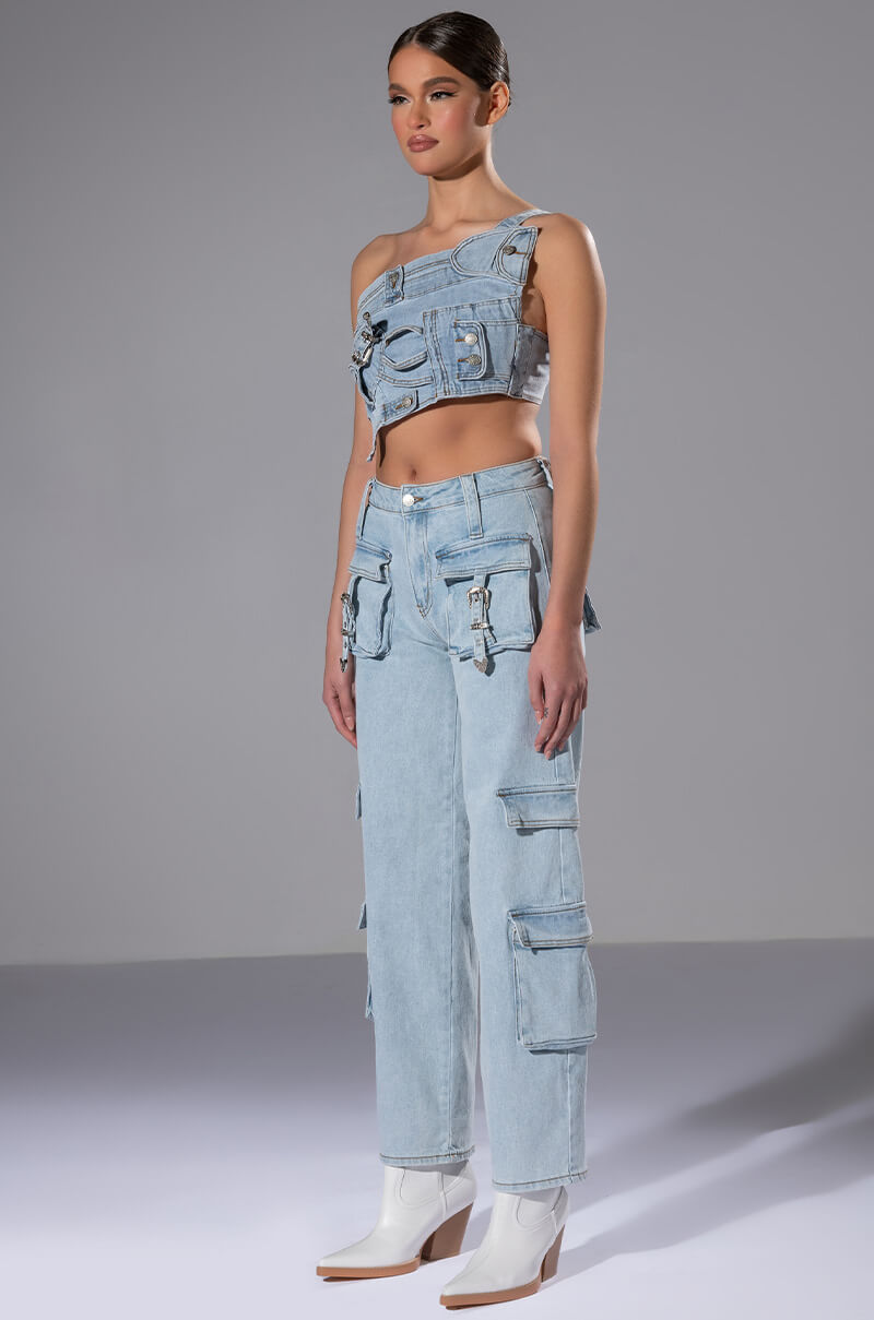 Detail View For Real Buckle Detail Denim Crop Top