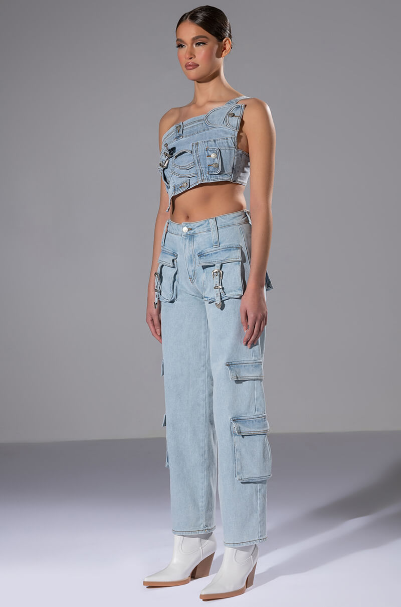 Detail View For Real Buckle Detail Denim Crop Top