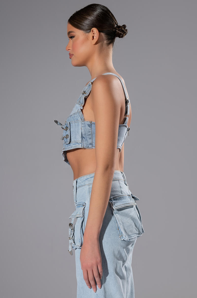 Extra View For Real Buckle Detail Denim Crop Top