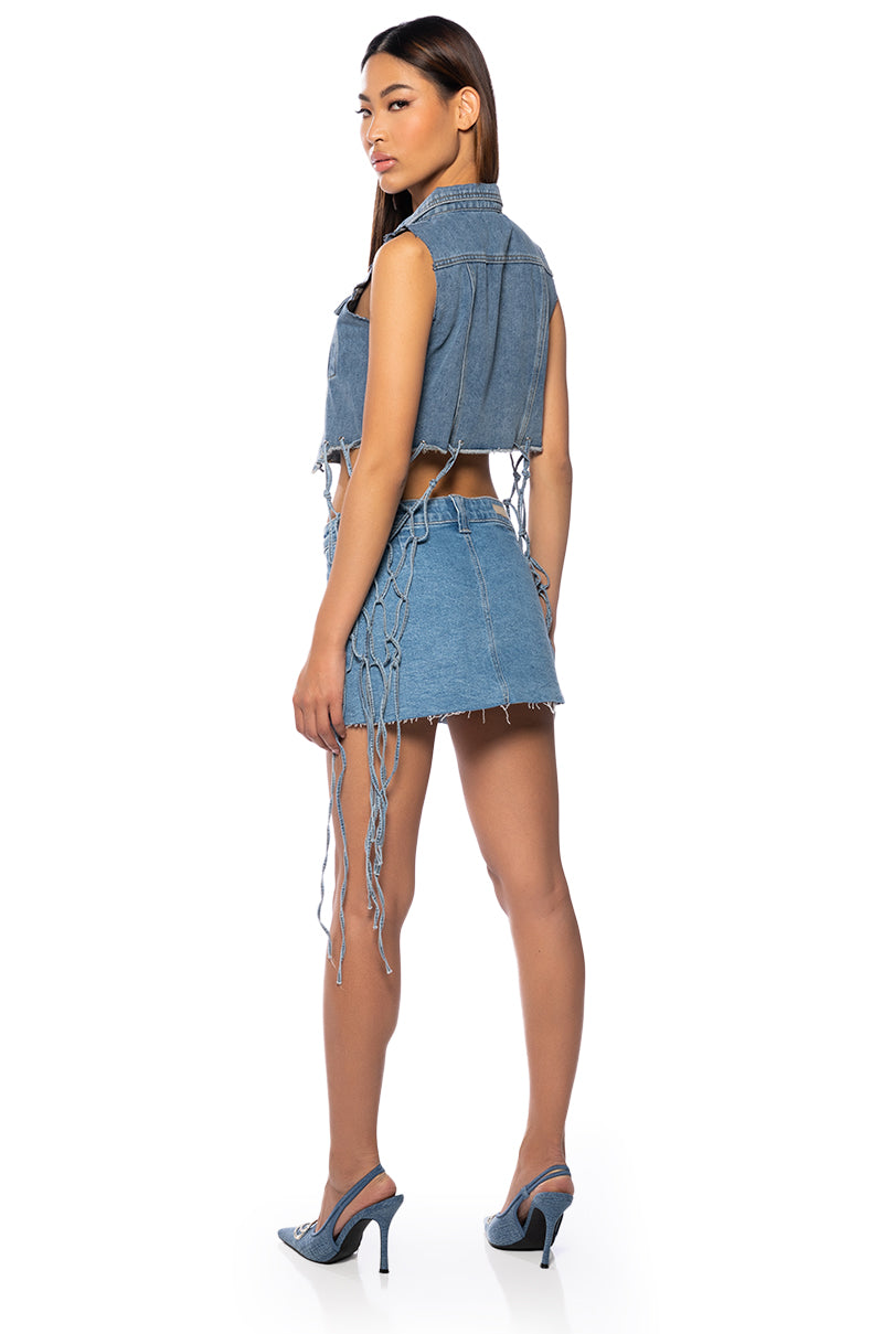 Side View For The Ages Crop Denim Vest With Netting