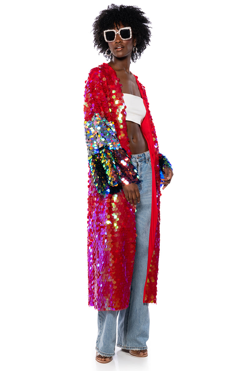 Side View For The Drama Queens Sequin Duster