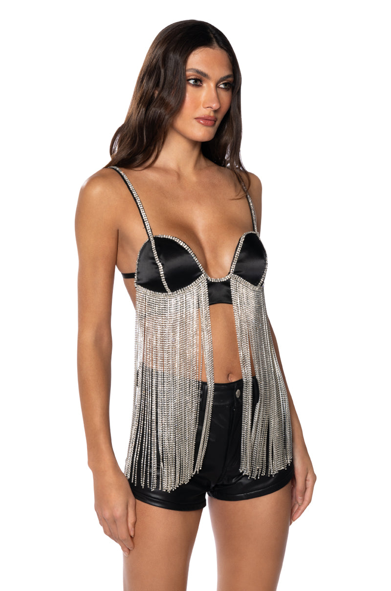 Side View Forever Free Rhinestone Fringe Satin Bra Top 1