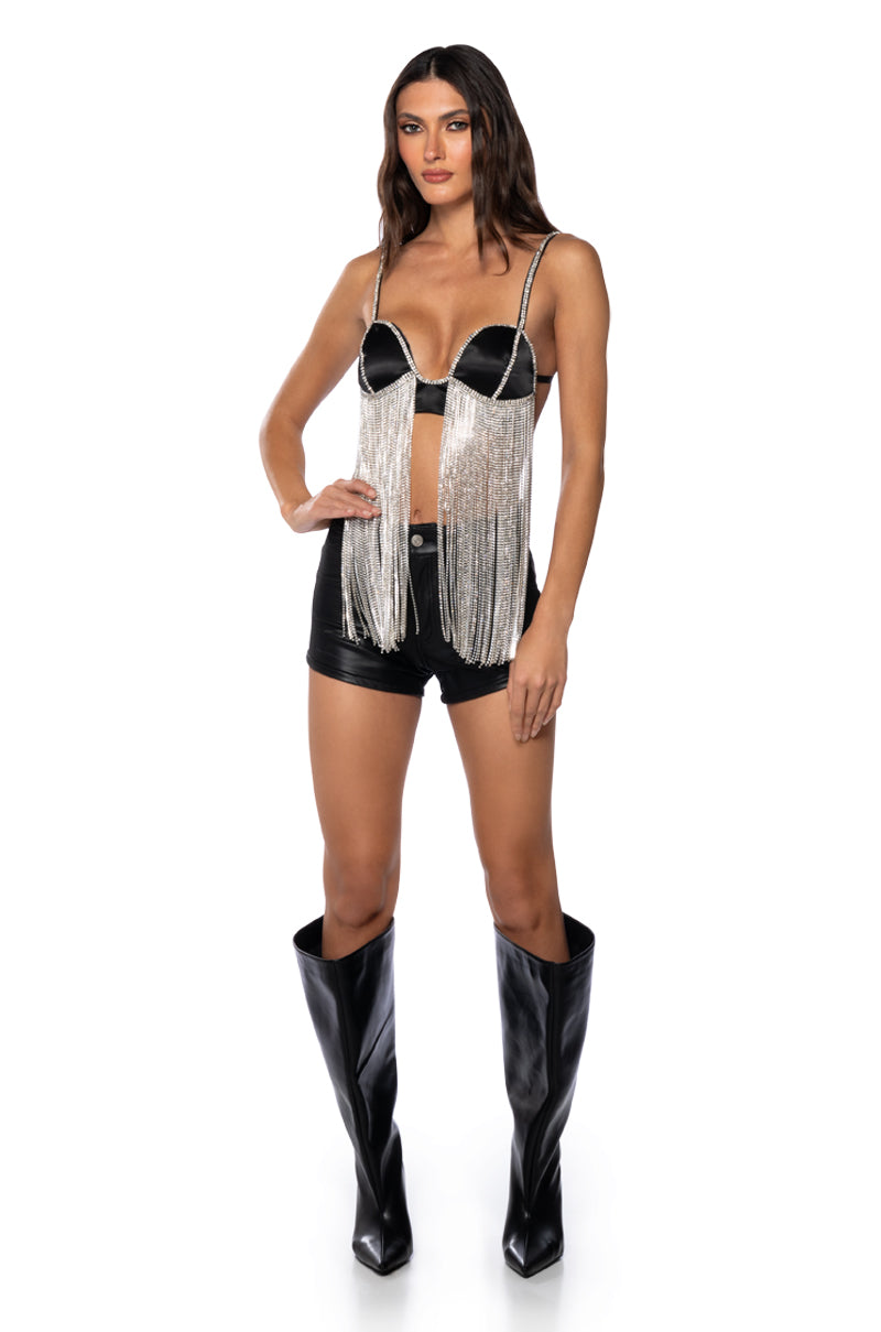 Back View Forever Free Rhinestone Fringe Satin Bra Top 2