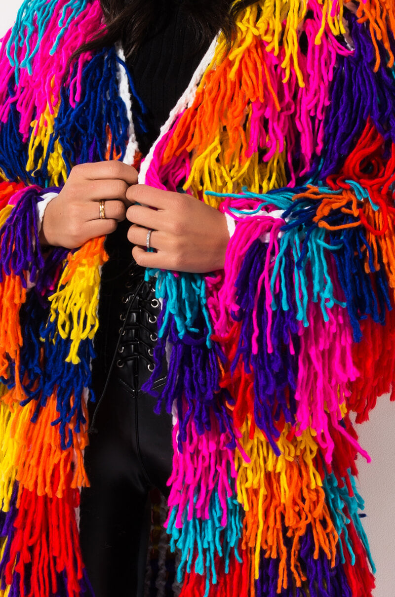 Detail View Forever Together Fringe Cardigan in Rainbow Multi