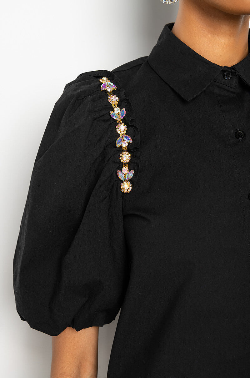 Extra View Forever Young Embellished Short Sleeve Poplin Blouse