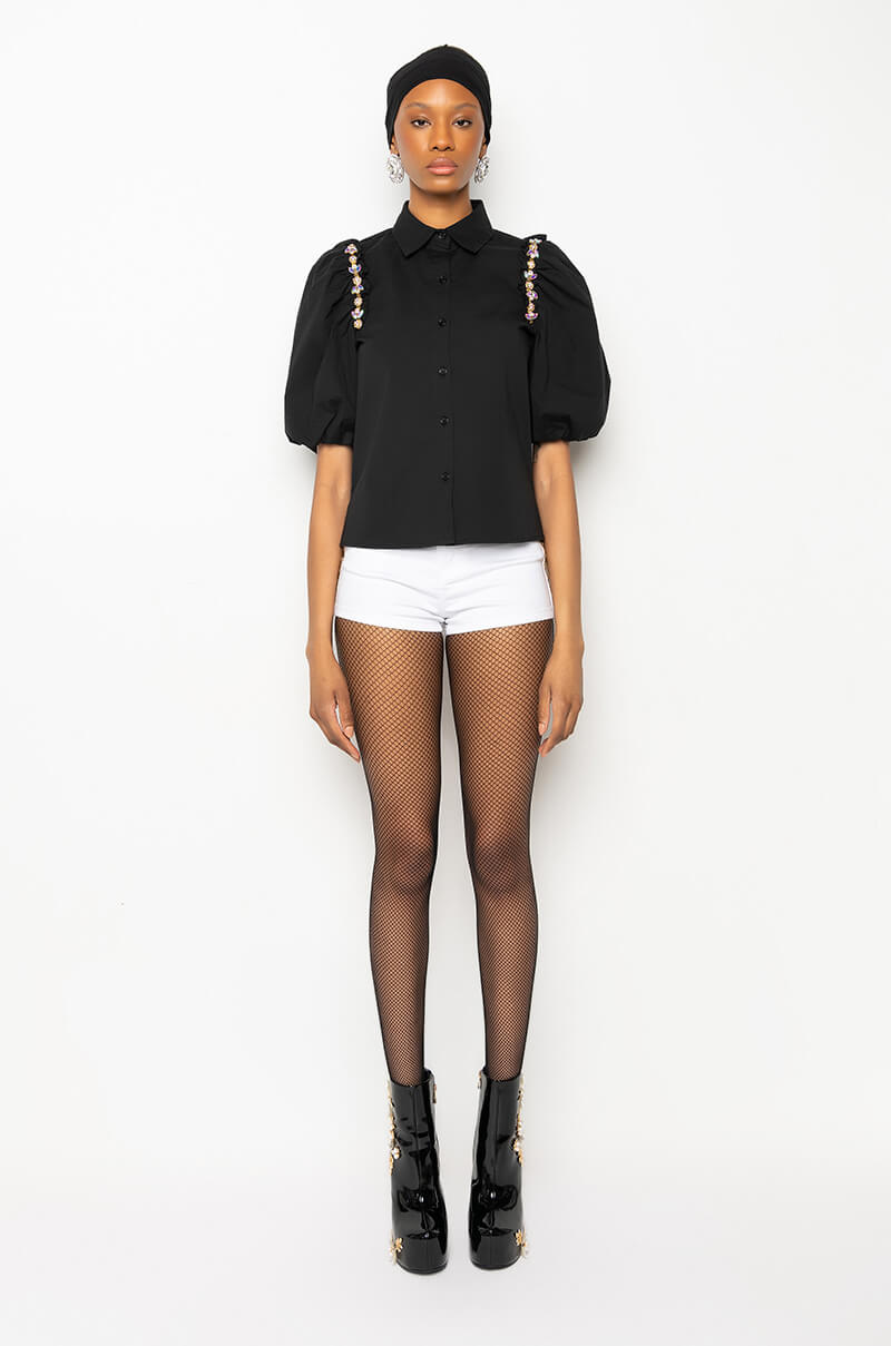 Extra View Forever Young Embellished Short Sleeve Poplin Blouse