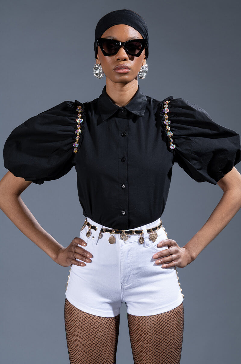 NARCISSA EMBELLISHED SHORT SLEEVE POPLIN BLOUSE view 0