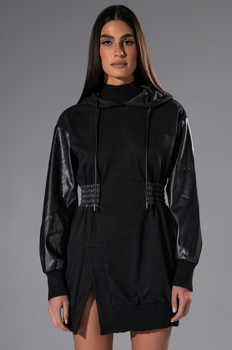 Front View Forever Young Hooded Mini Dress In Black